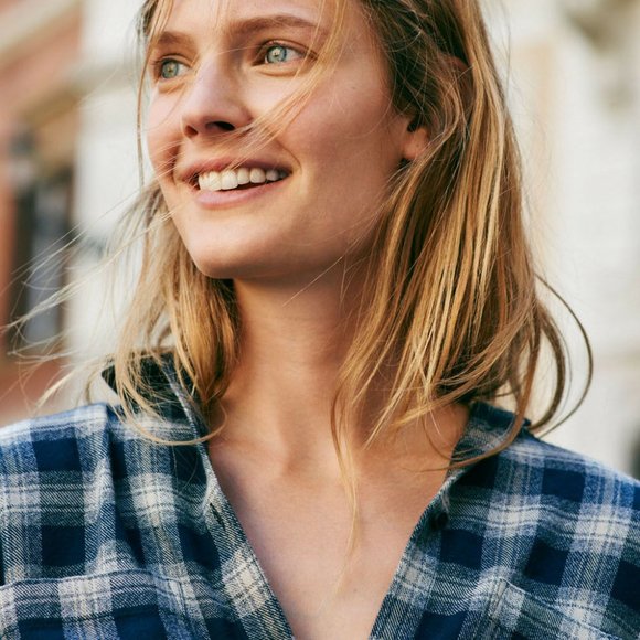 Madewell Andover Blue & Gray Flannel Oversized Boyshirt Plaid Button Up Top XXS - Picture 6 of 6